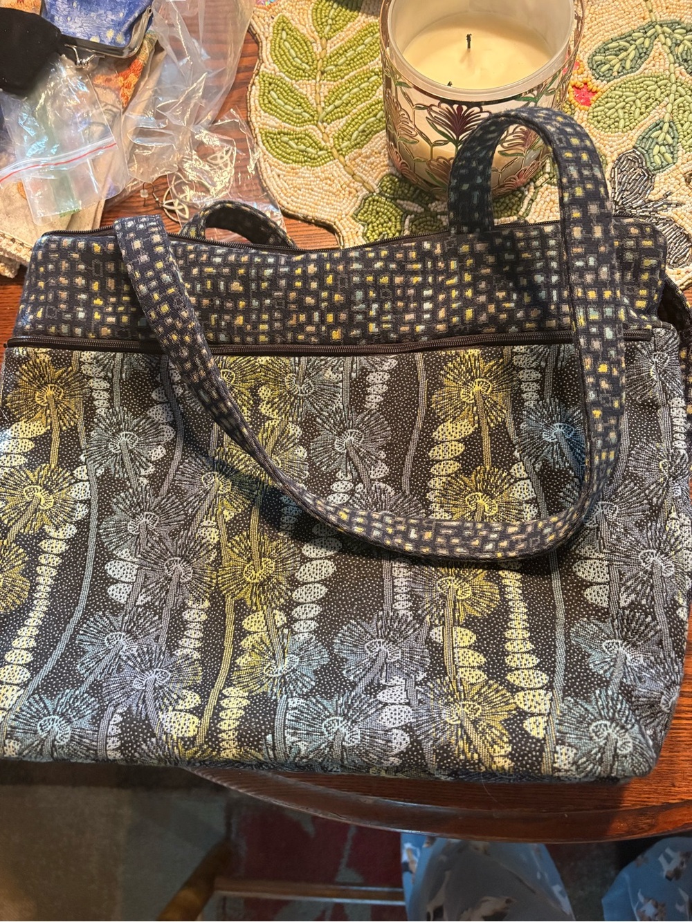 Quilted Floral Tote Bag in Navy and Yellow Accents